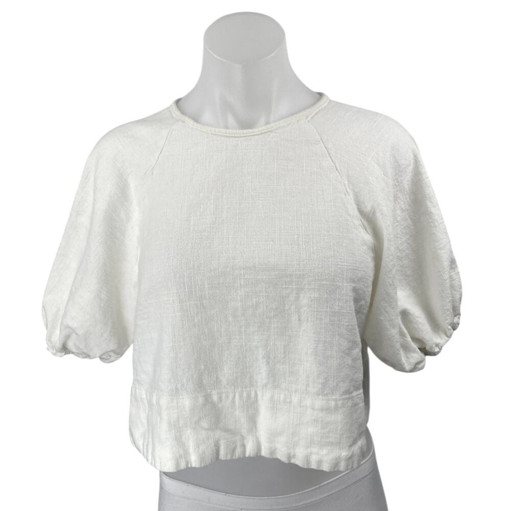 House Of Harlow 1960 Women's White Linen Short Puff Sleeve Crop Blouse Top Sz S